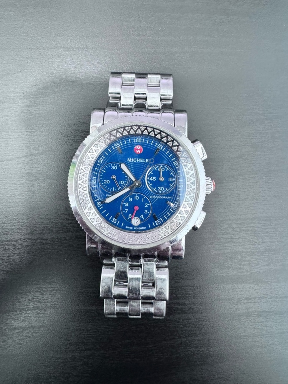 Michele Silver Bracelet Sport Sail Diamond Watch with Blue Dial